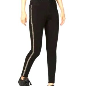 Tinseltown Women's junior Jeans Black Denim Glitter Stripe Skinny Straight Leg